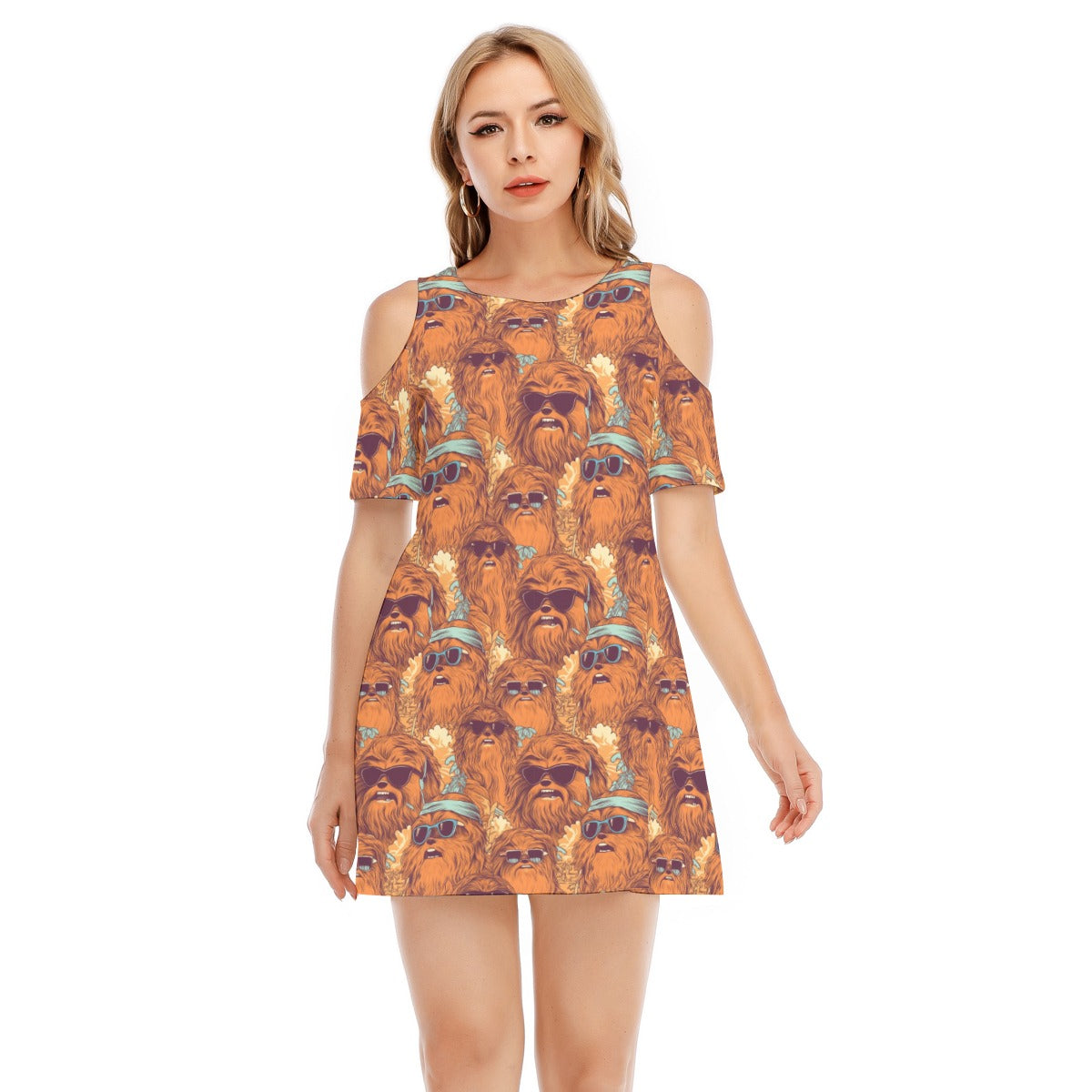 Retro Furry Friend Summer Vibes - Women's Cold Shoulder Cotton Dress
