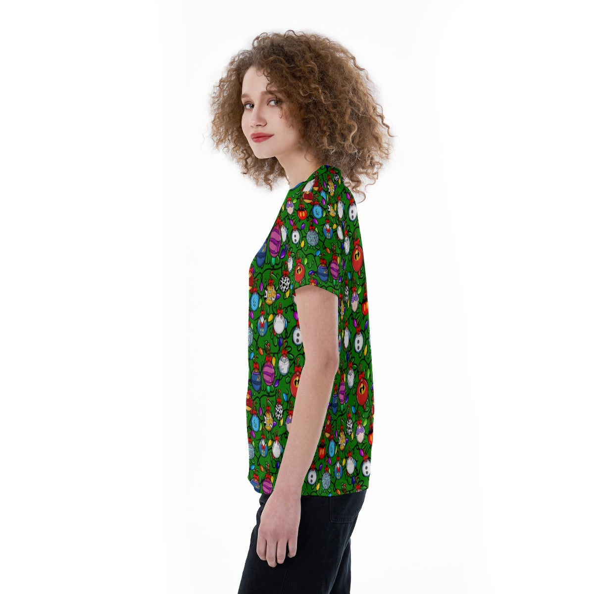 Festive Character Baubles on Green - Women's Short Sleeve V-Neck T-Shirt