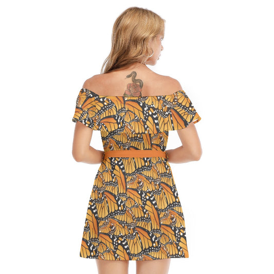 Animal Print - Monarch Butterfly - Women's Off-shoulder Ruffle Dress