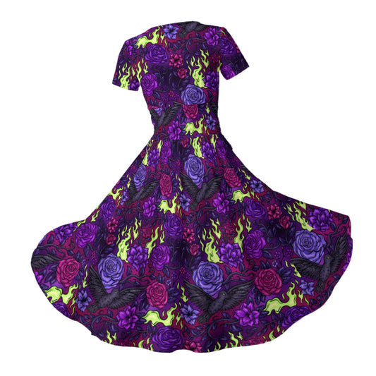 Fairytale Florals - Dark Enchantress - Women's V-Neck Ruched Midi Dress