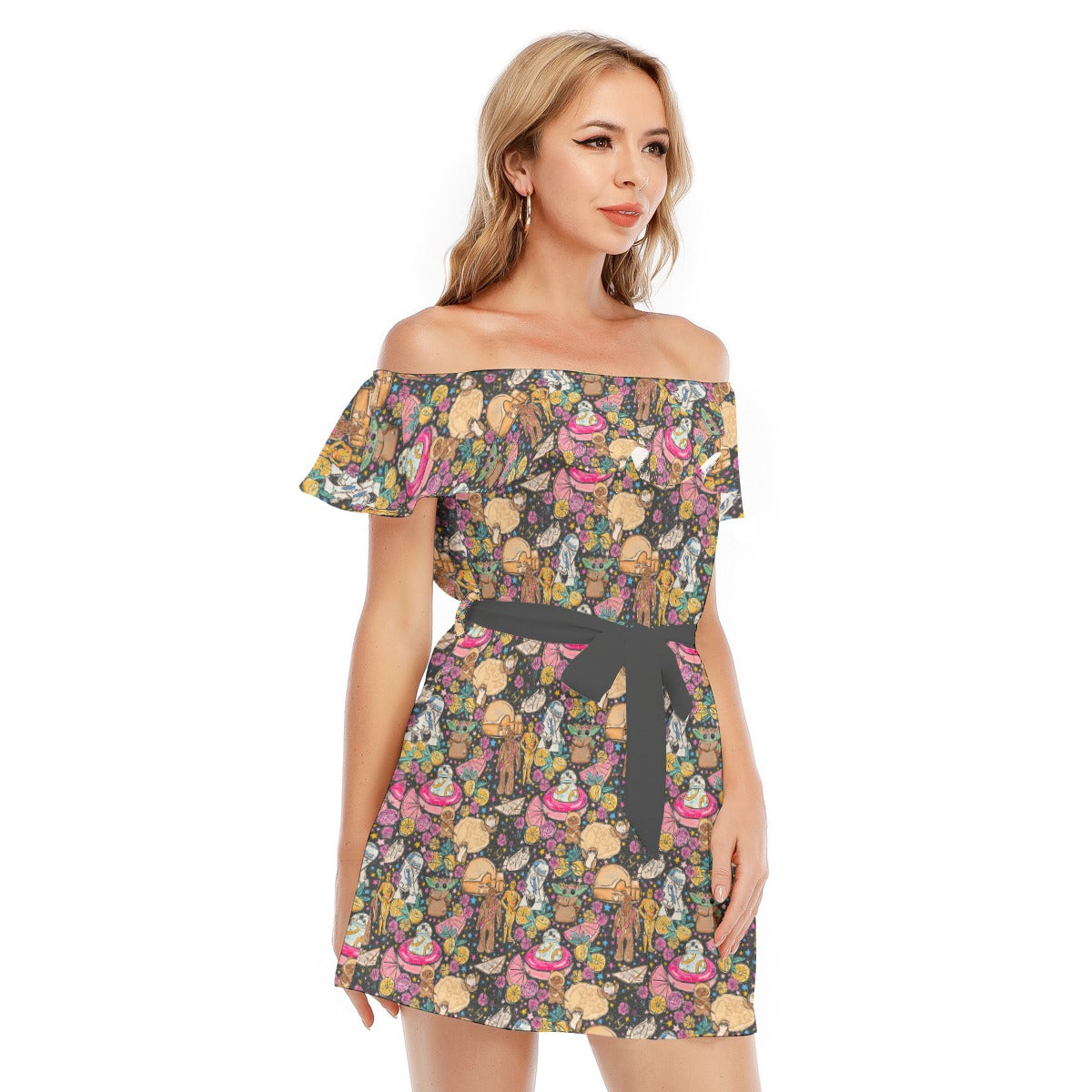 Tropical Space Squad - Women's Off-shoulder Ruffle Dress