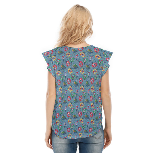 Holiday Baubles with Mischievous Blue Alien - Women’s Flutter Sleeve Top