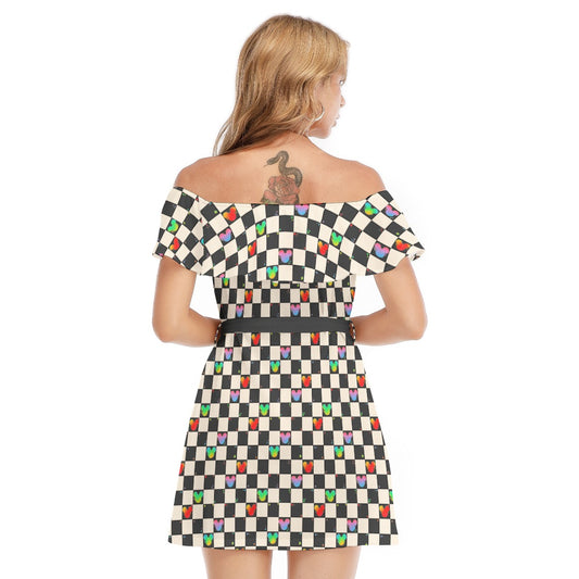Rainbow Checker Mouse Ears - Women's Off-shoulder Ruffle Dress