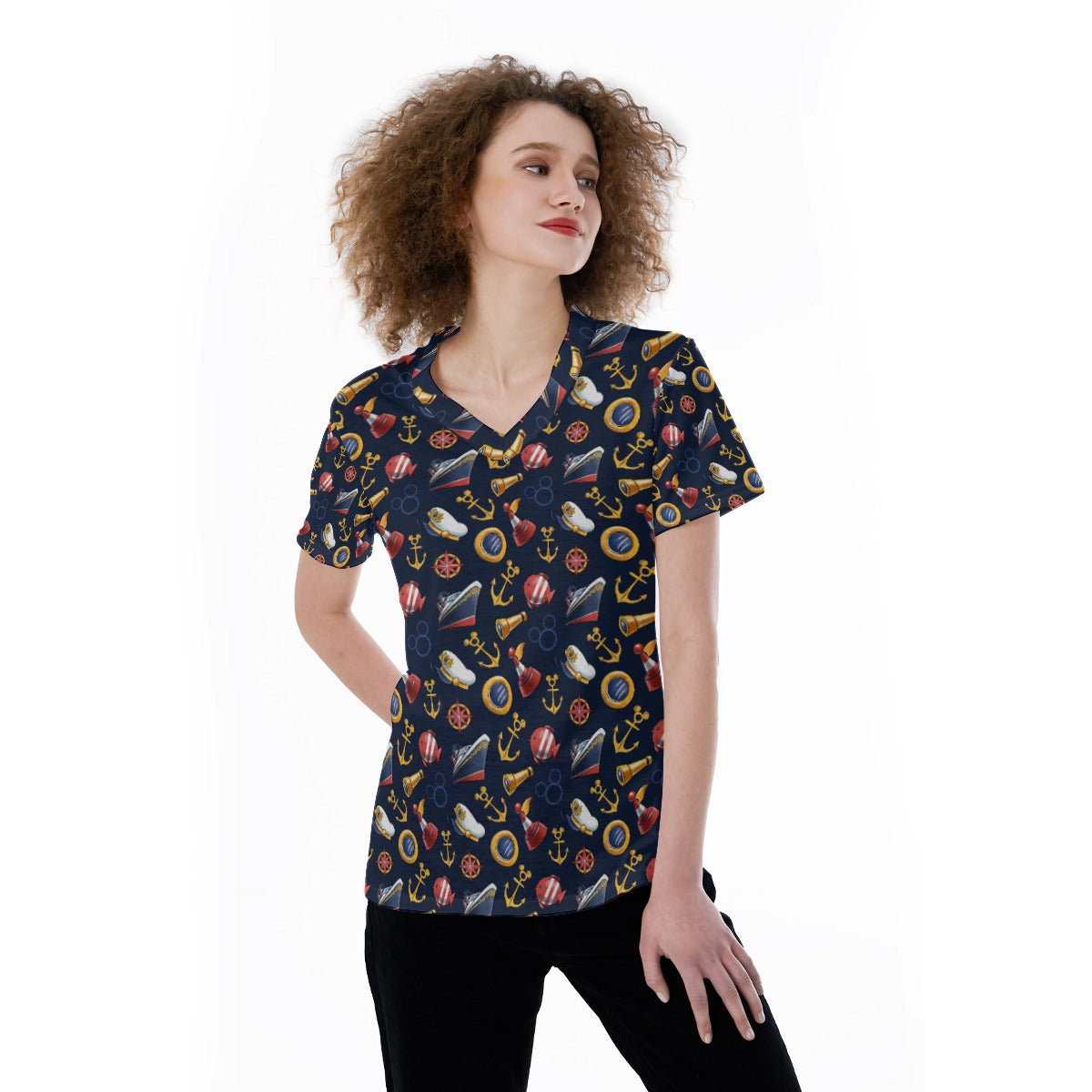 Mouse Ear Nautical Icons - Women's Short Sleeve V-Neck T-Shirt