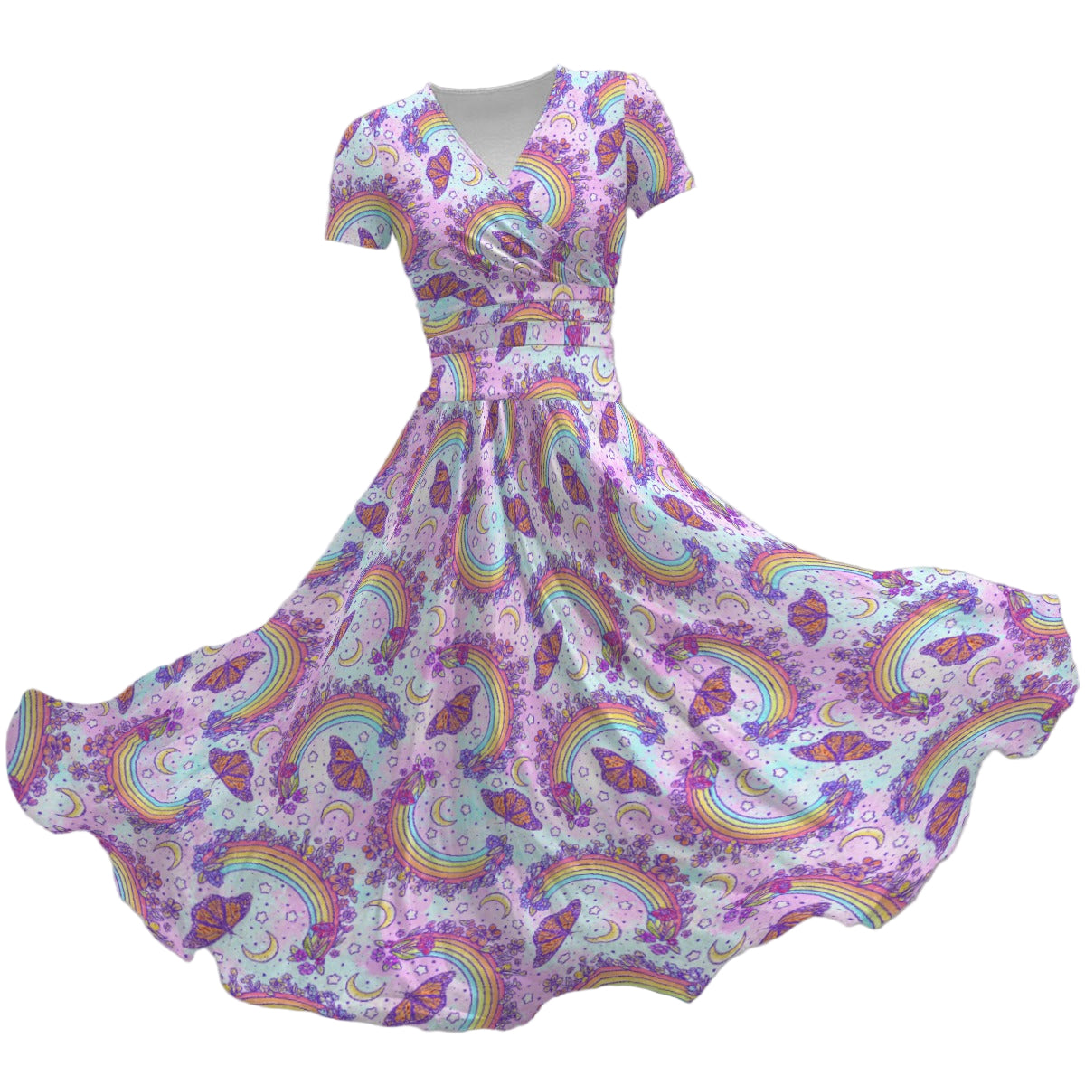Monarch Butterflies & Rainbows - Women's V-Neck Ruched Midi Dress