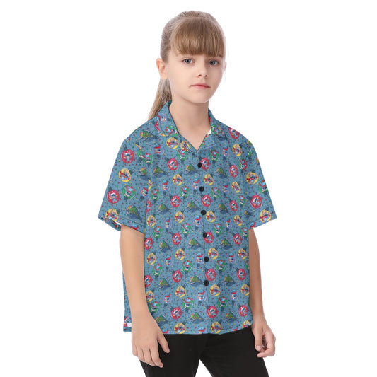 Holiday Baubles with Mischievous Blue Alien - Kid's Hawaiian Button Up Shirt