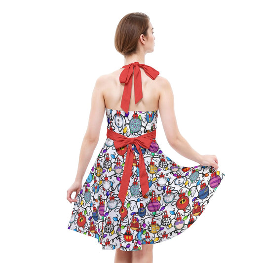 Festive Character Baubles on White - Women's Halter Vintage Pocket Dress