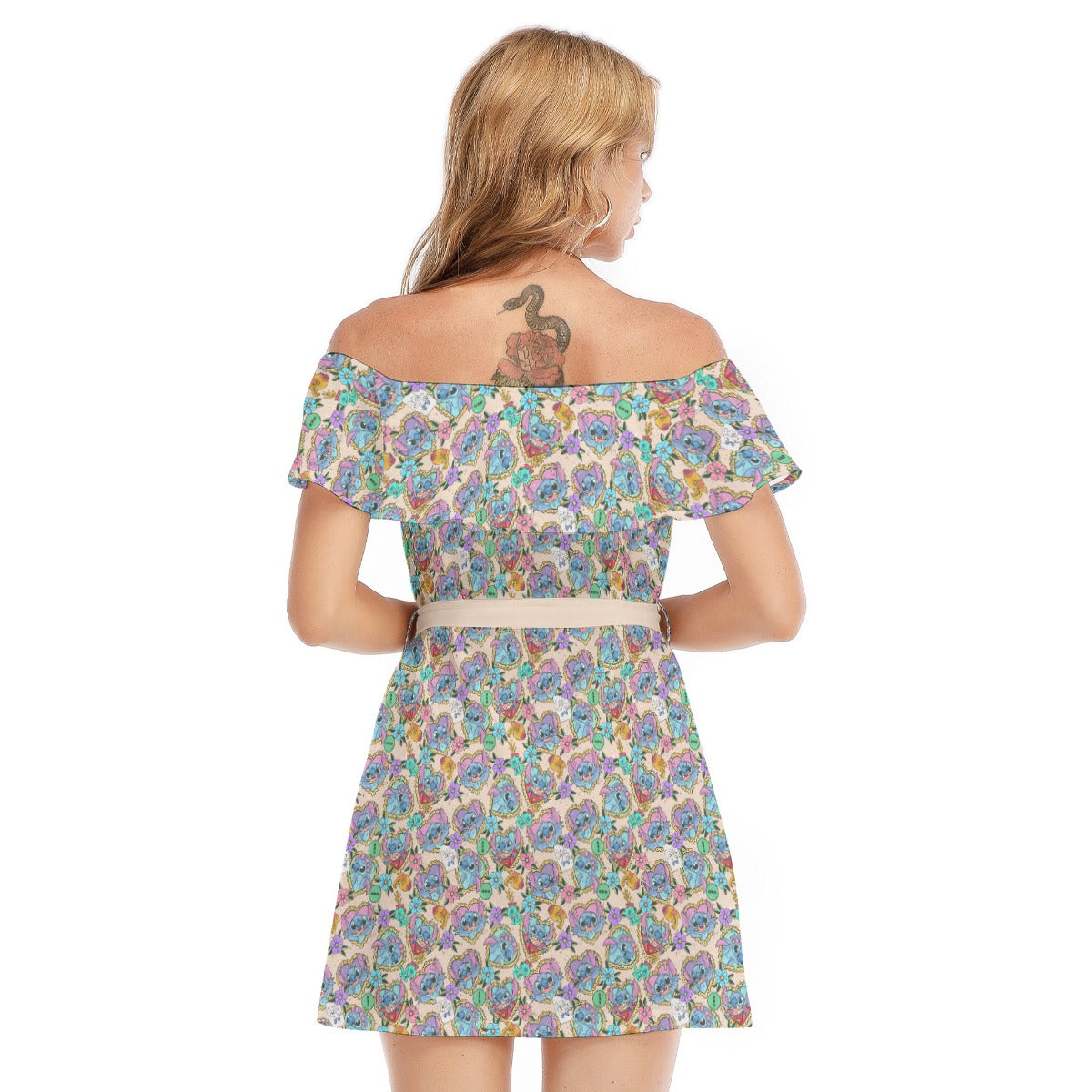 Tattoo Hearts Island Mischief - Women's Off-shoulder Ruffle Dress