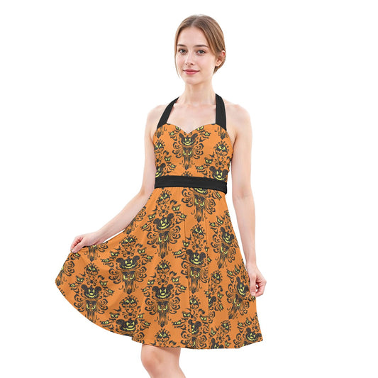 Haunted Halloween Mansion Wallpaper - Women's Halter Vintage Pocket Dress