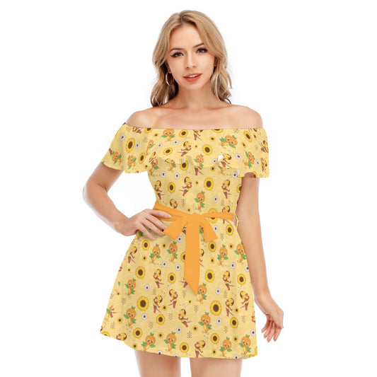 Cheerful Bee & Citrus Bird - Women's Off-shoulder Ruffle Dress