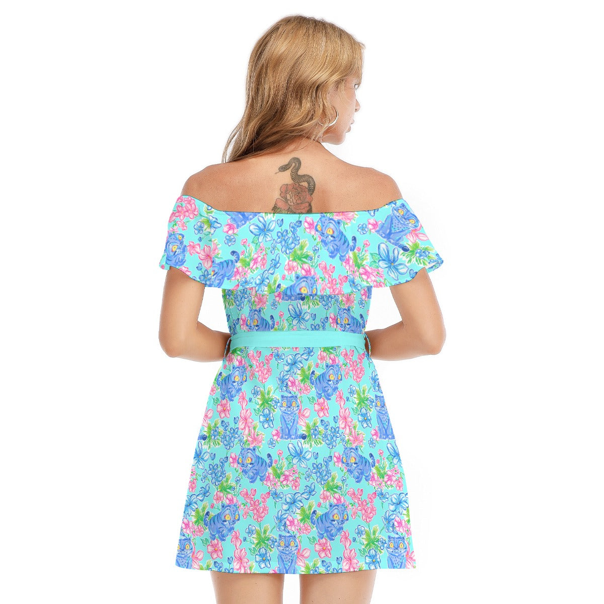 Derpy Tiger Blooms - Women's Off-shoulder Ruffle Dress