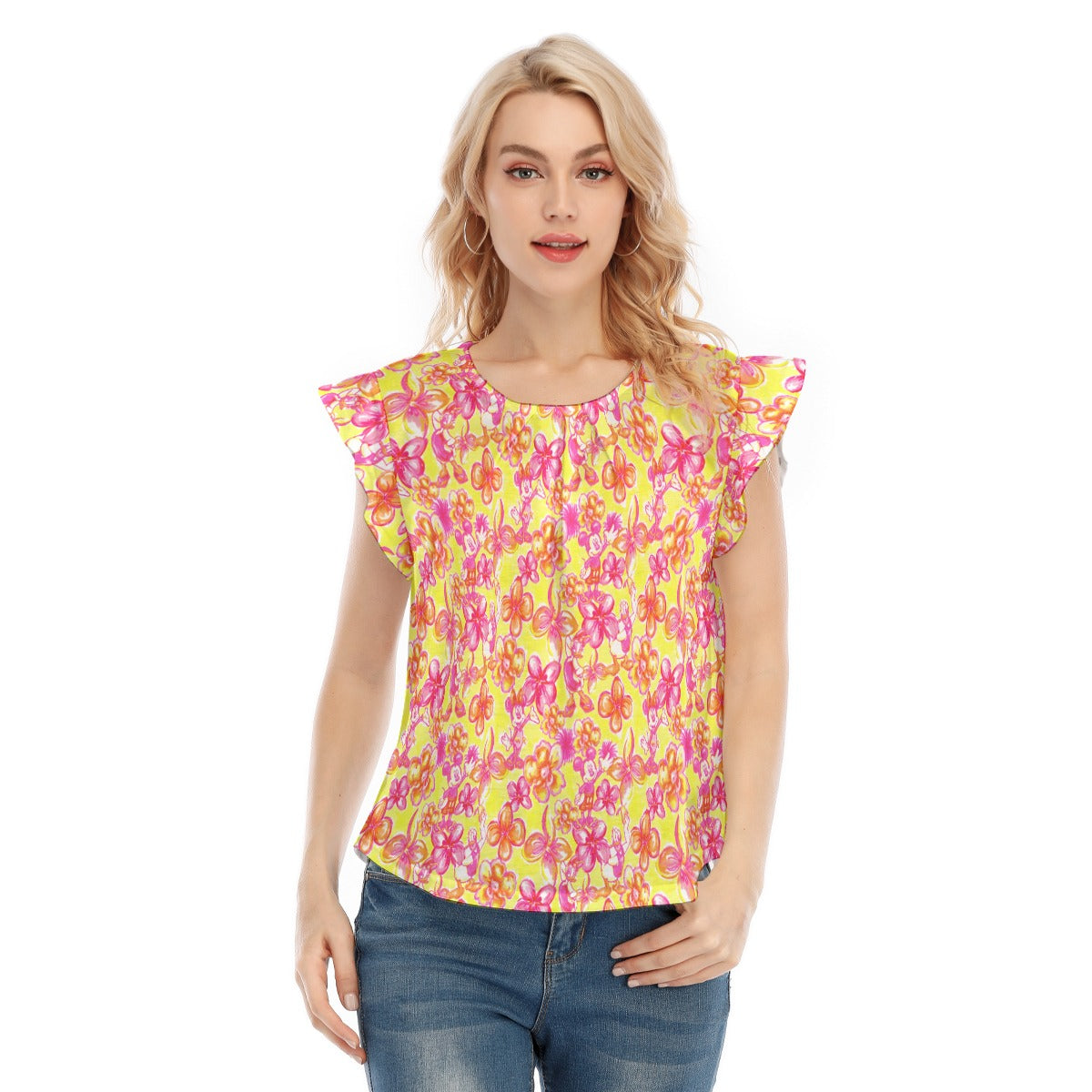 Neon Tropical Floral Friends - Women’s Flutter Sleeve Top