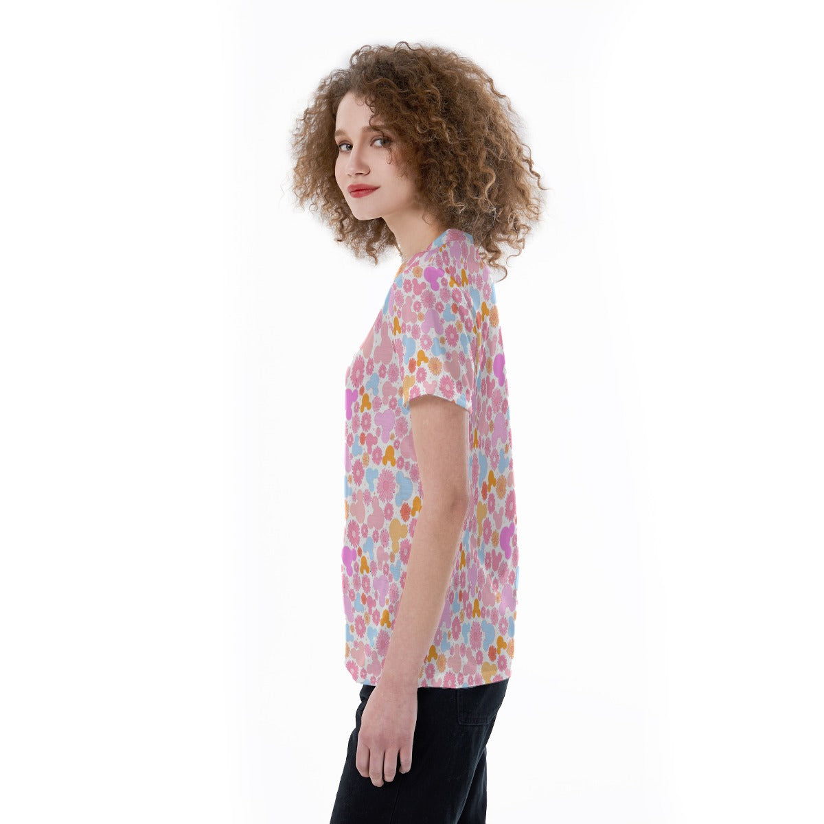 Retro Floral Mouse - Women's Short Sleeve V-Neck T-Shirt