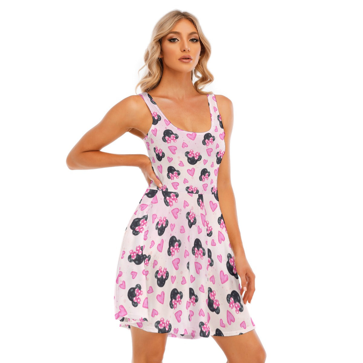 Watercolor Pink Bow Mouse Ears - Women's Sleeveless Pocket Skater Dress