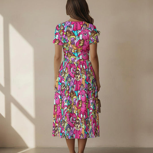 Red Panda Chaos Scenes - Women's V-Neck Ruched Midi Dress