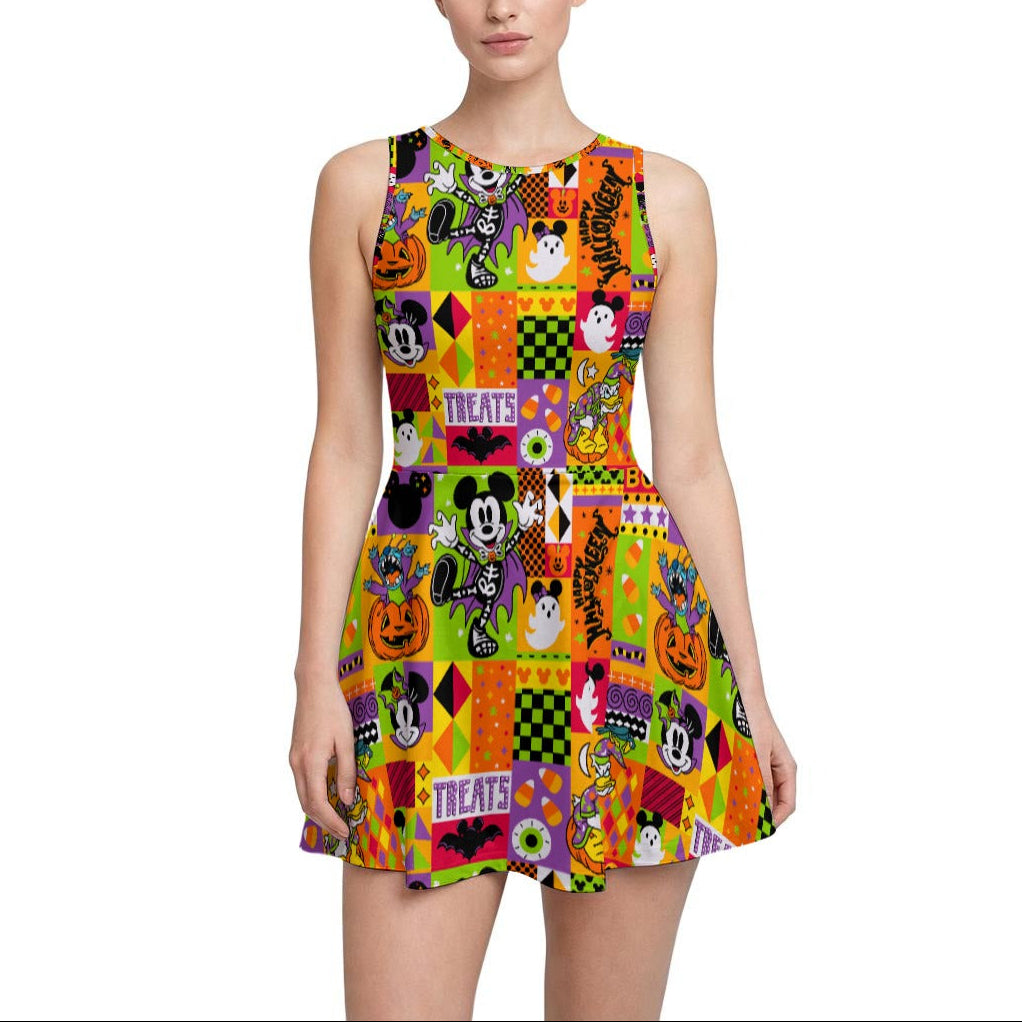 Spooky Patchwork Treats - Women’s Sleeveless Athletic Skater Dress with Built-In Shorts