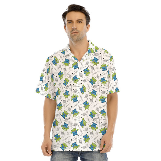 Playful Green Aliens on White - Men's Hawaiian Button Up Shirt