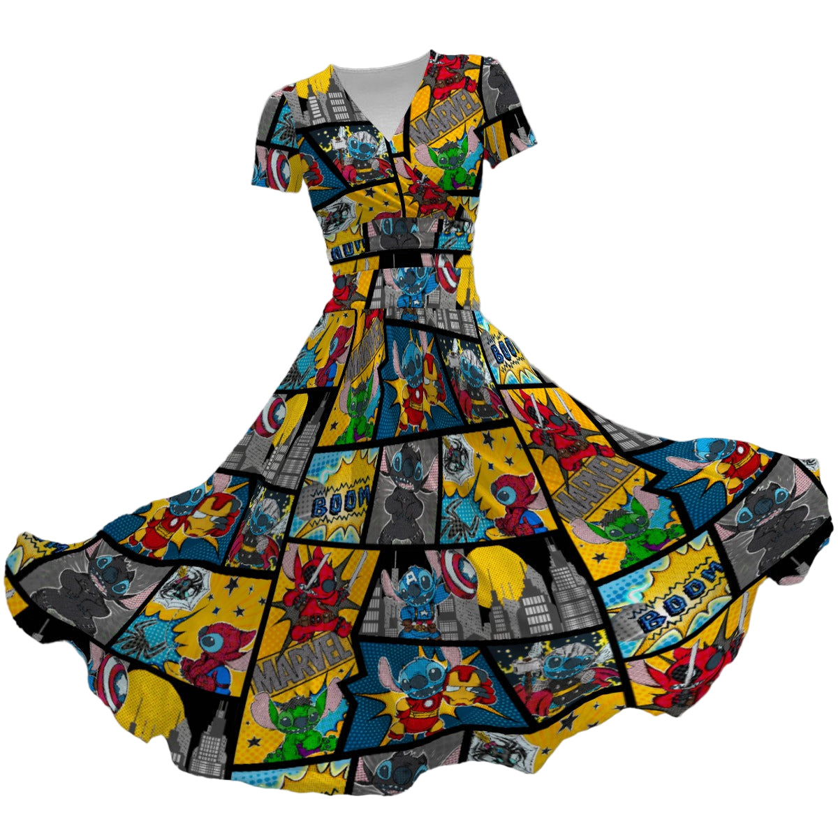 Superhero Stitch - Comic Action - Women's V-Neck Ruched Midi Dress