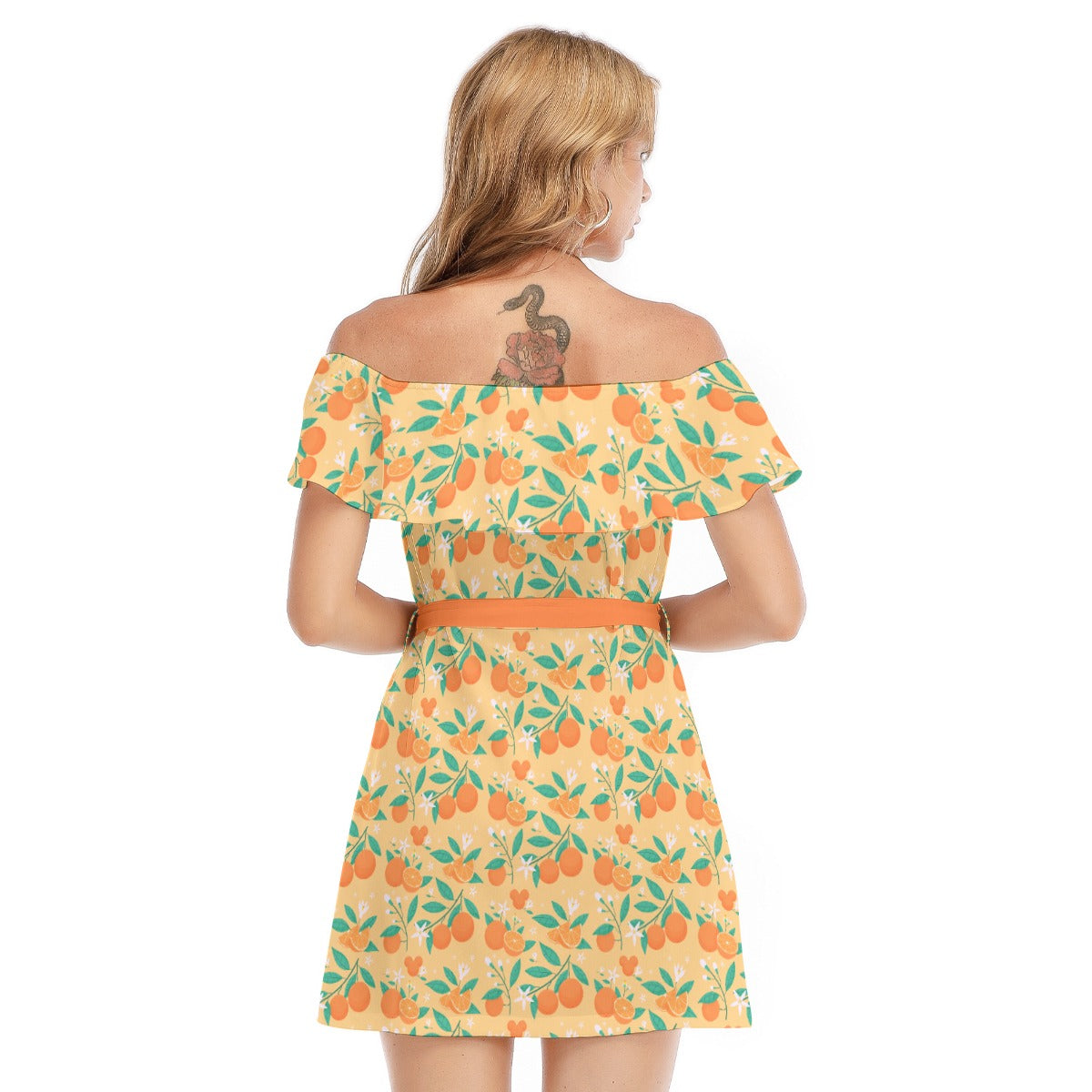 Hidden Citrus Delight - Women's Off-shoulder Ruffle Dress