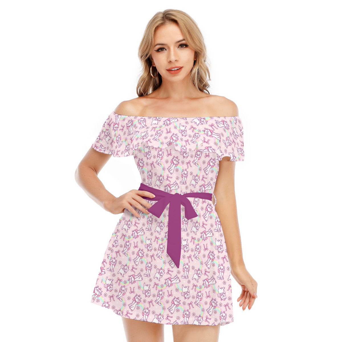 Rainbow Bow Kitty - Women's Off-shoulder Ruffle Dress