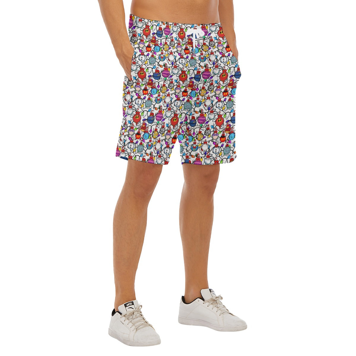 Festive Character Baubles on White - Men’s Pocket Beach Shorts