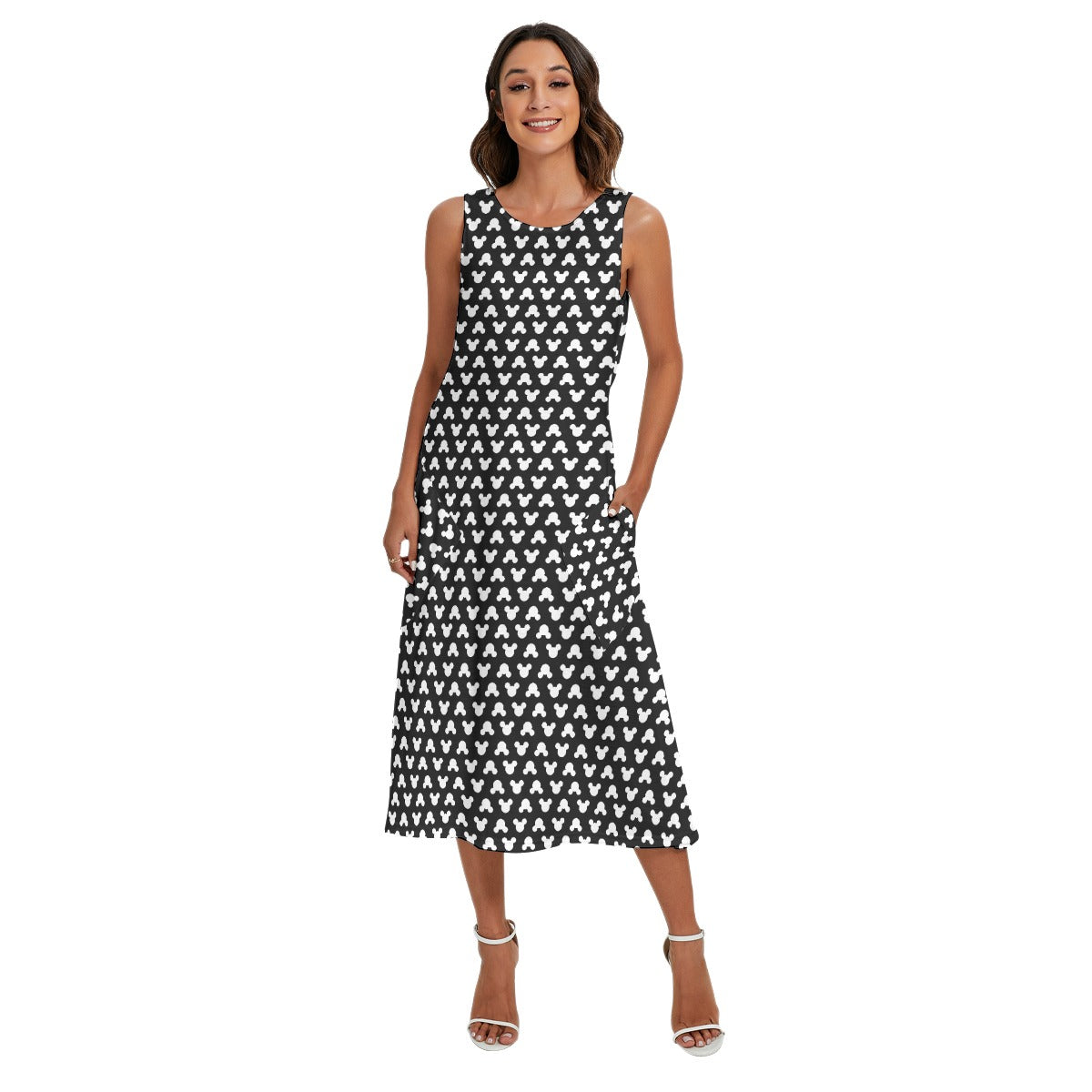 Playful Polka Dot Ears Black - Women’s Diagonal Pocket Midi Dress