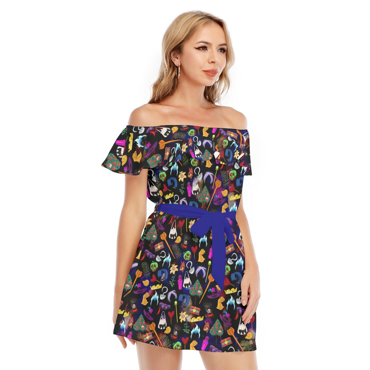 Villainous Icons Collage - Women's Off-shoulder Ruffle Dress