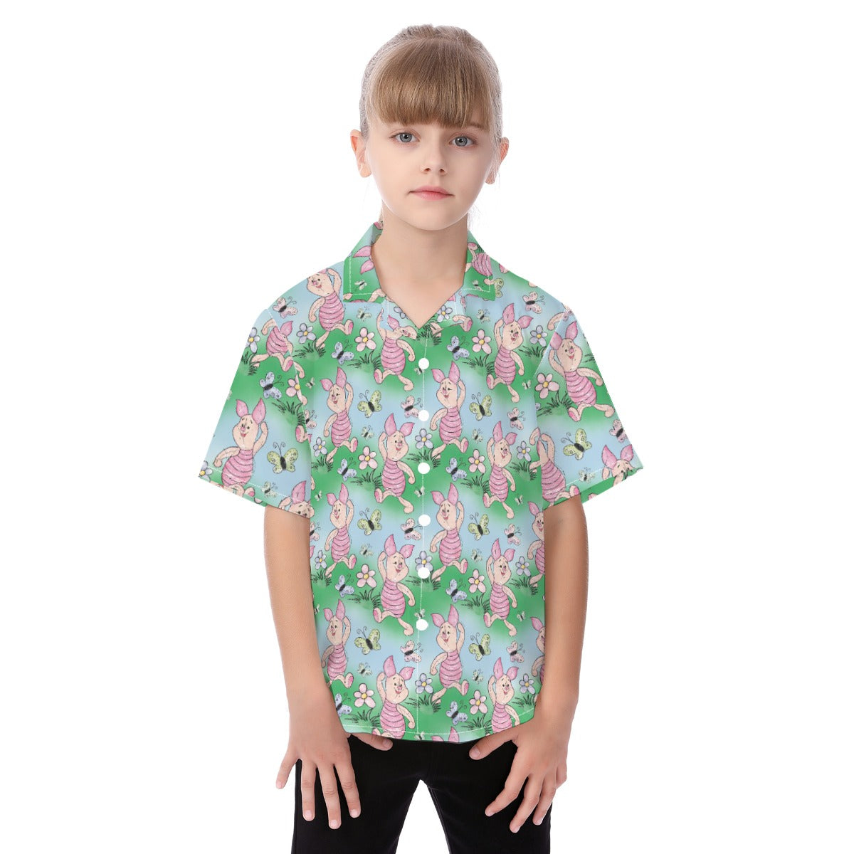 Sketched Shy Friend and Butterflies - Kid's Hawaiian Button Up Shirt
