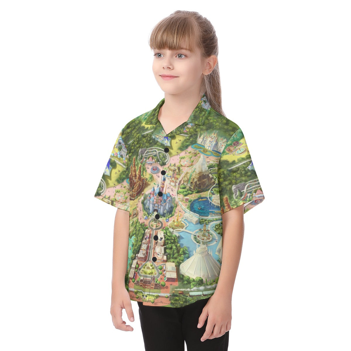 Colorful Theme Park Map - Kid's Hawaiian Button Up Shirt