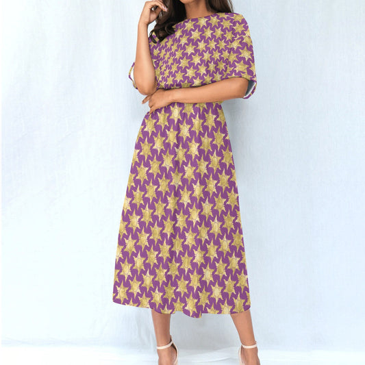 Golden Sun Symbols - Women’s Elastic Waist Pocket Midi Dress