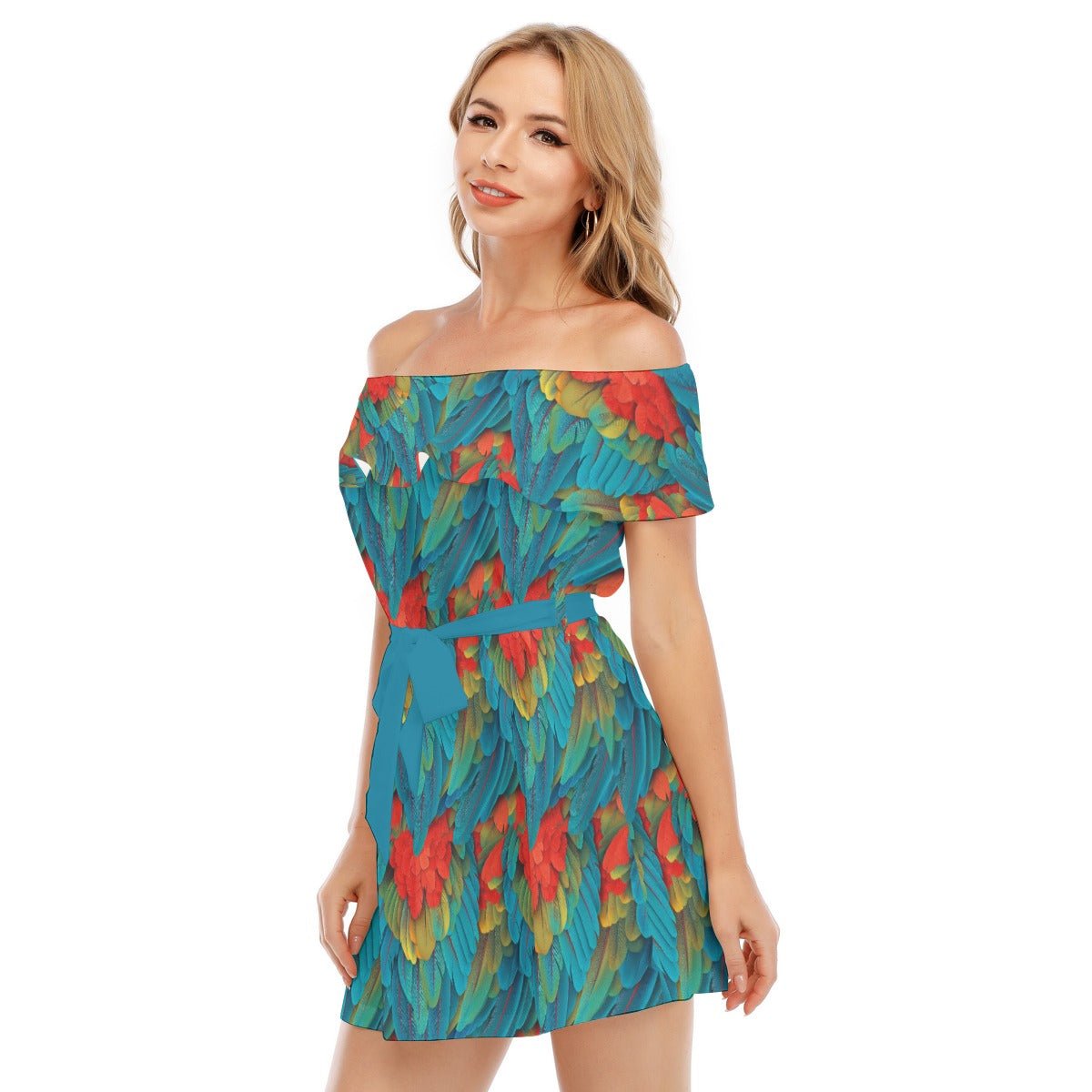 Animal Print - Macaw Parrot - Women's Off-shoulder Ruffle Dress