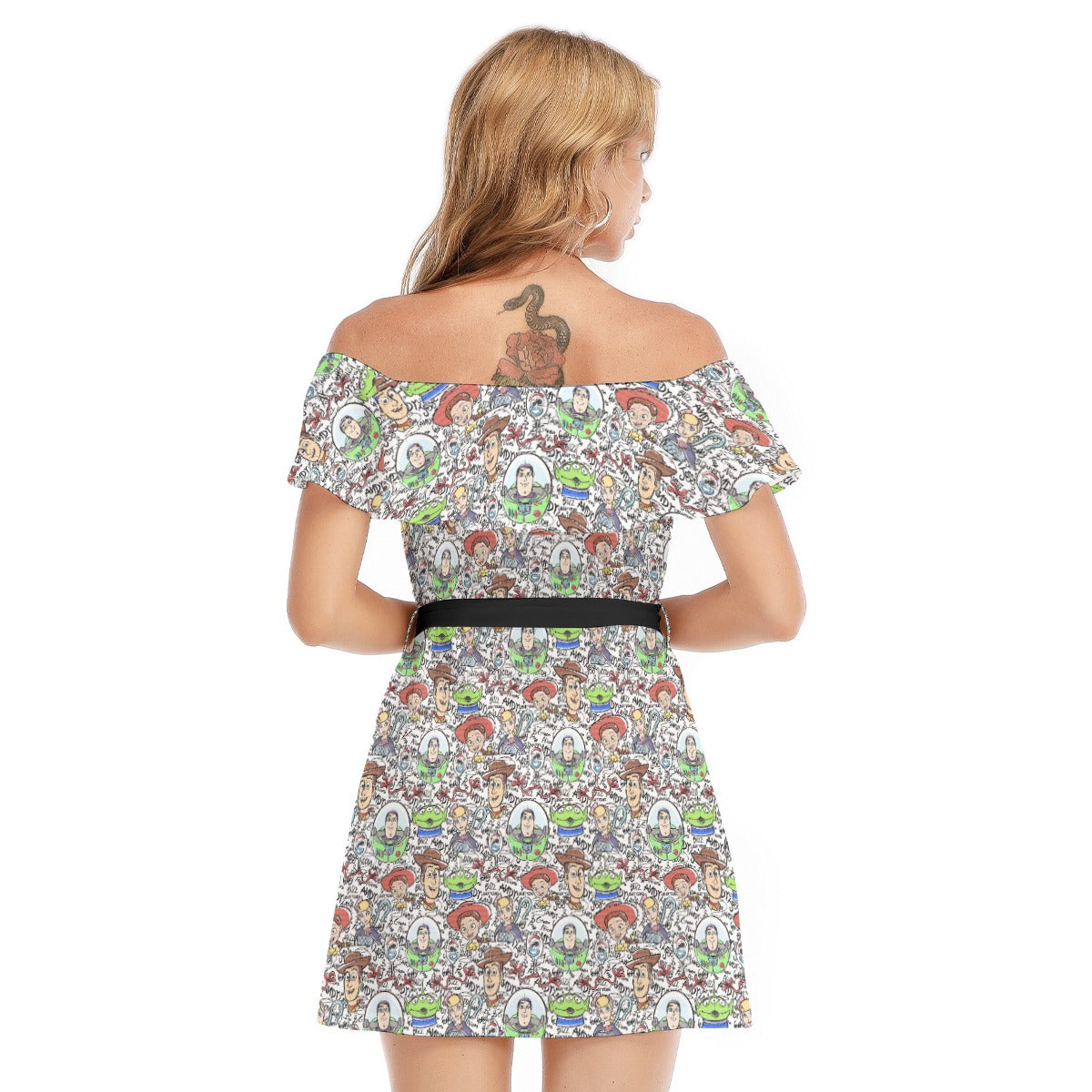 Sketch Autographs of Animated Toy Friends - Women's Off-shoulder Ruffle Dress