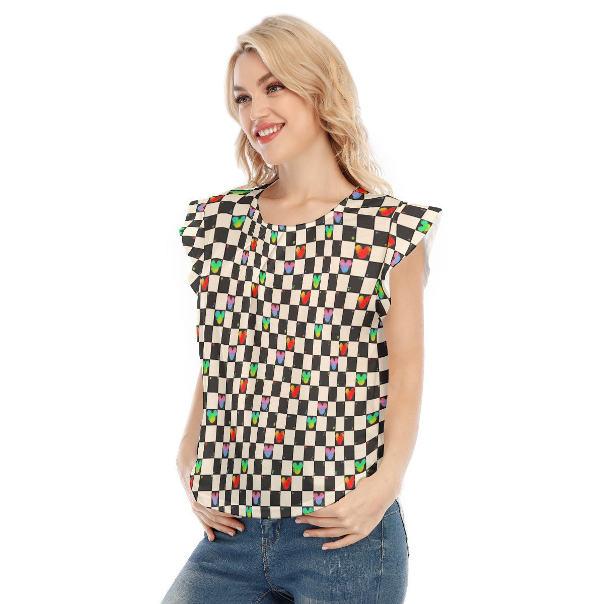 Rainbow Checker Mouse Ears - Women’s Flutter Sleeve Top