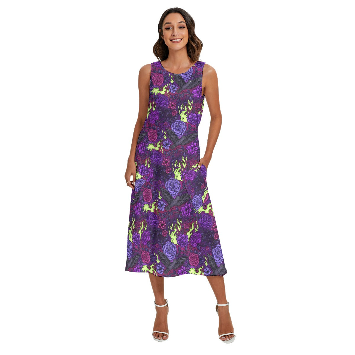 Fairytale Florals - Dark Enchantress - Women’s Diagonal Pocket Midi Dress