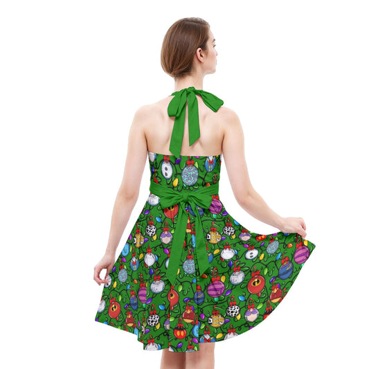 Festive Character Baubles on Green - Women's Halter Vintage Pocket Dress