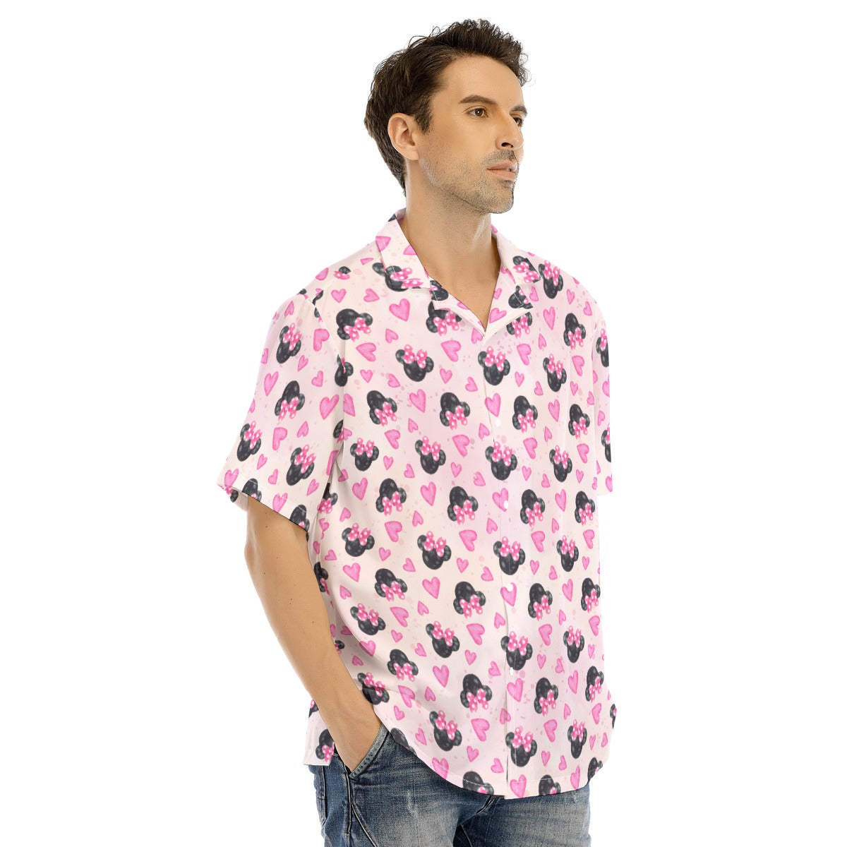 Watercolor Pink Bow Mouse Ears - Men's Hawaiian Button Up Shirt