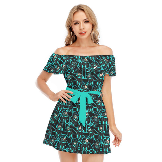 Electric Neon Grid Adventure - Women's Off-shoulder Ruffle Dress