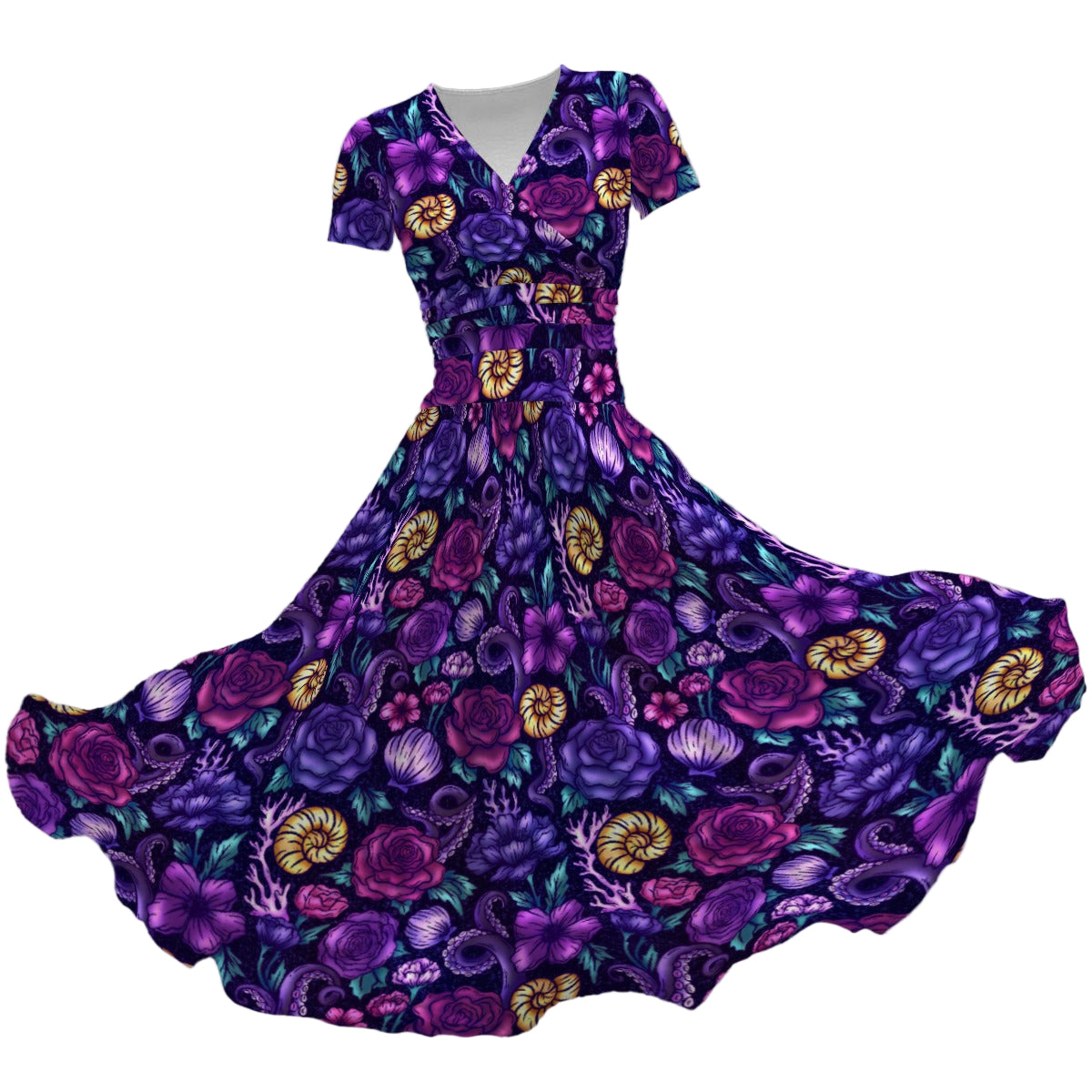 Fairytale Florals – Dark Sea Witch - Women's V-Neck Ruched Midi Dress