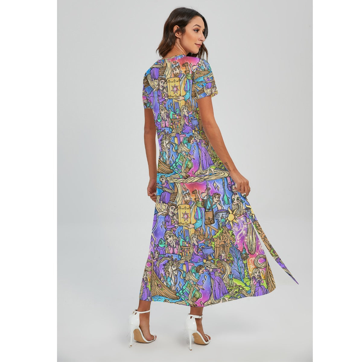 Golden Hair Storybook Scenes - Women's V-Neck Side Split Maxi Dress