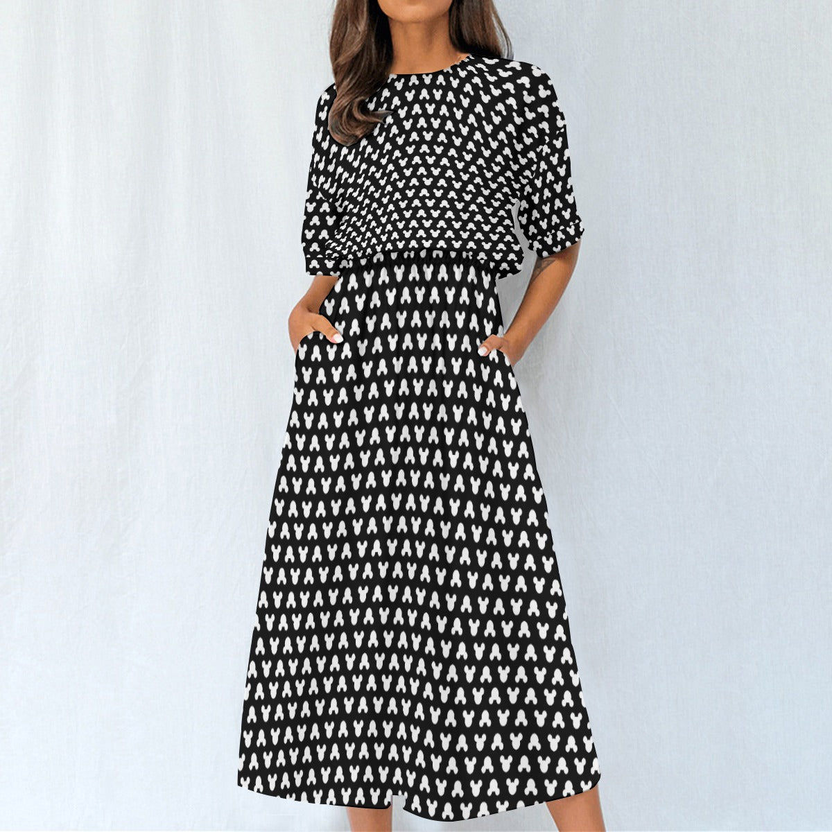Playful Polka Dot Ears Black - Women’s Elastic Waist Pocket Midi Dress