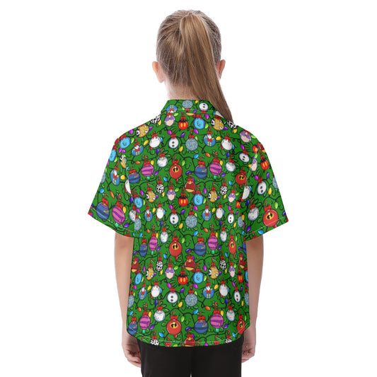 Festive Character Baubles on Green - Kid's Hawaiian Button Up Shirt