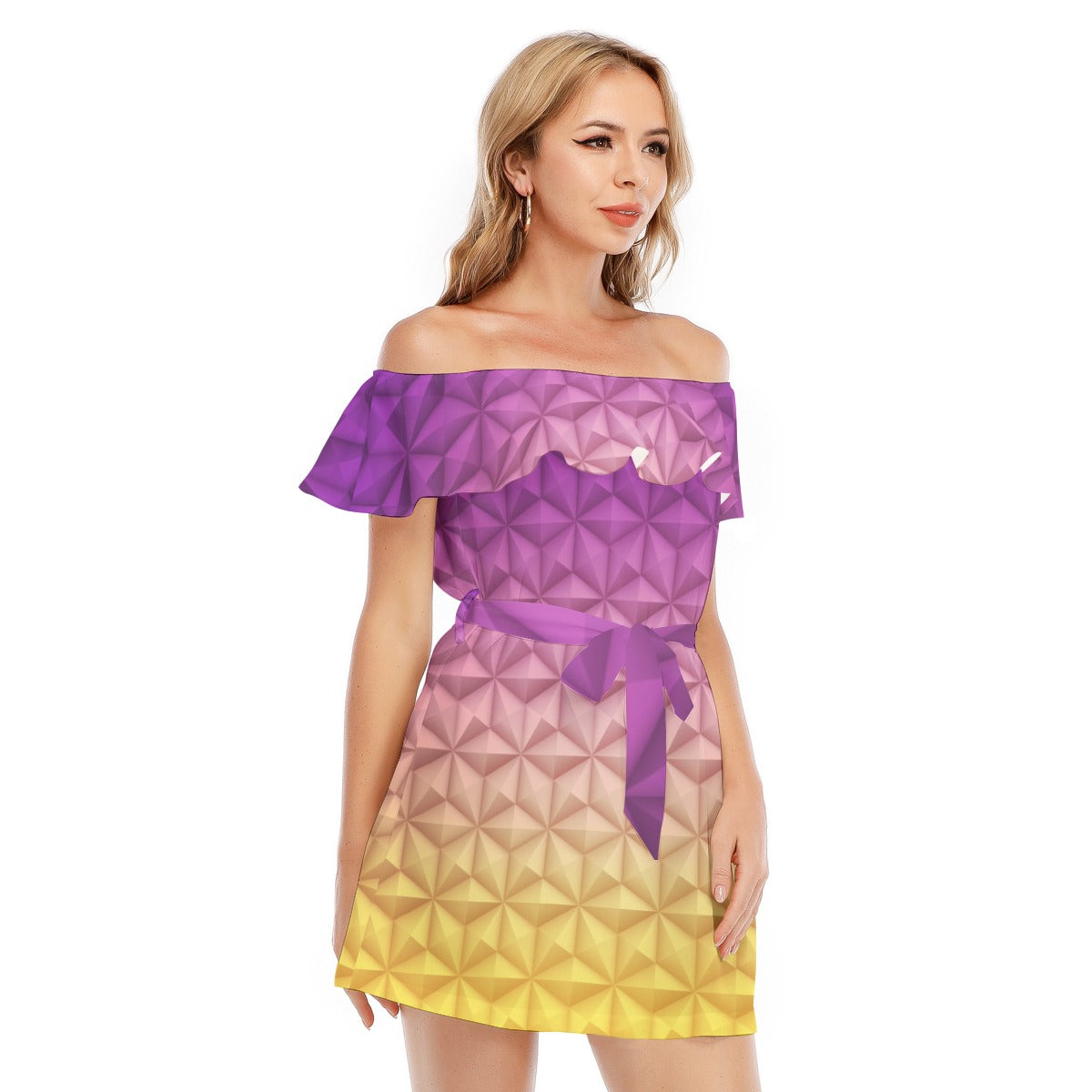 Geometric Spaceship Sphere - Women's Off-shoulder Ruffle Dress
