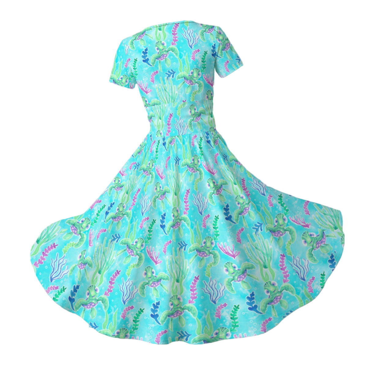 Neon Floral Baby Turtle - Women's V-Neck Ruched Midi Dress