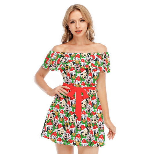 Mouse Friends in Santa Hats - Women's Off-shoulder Ruffle Dress