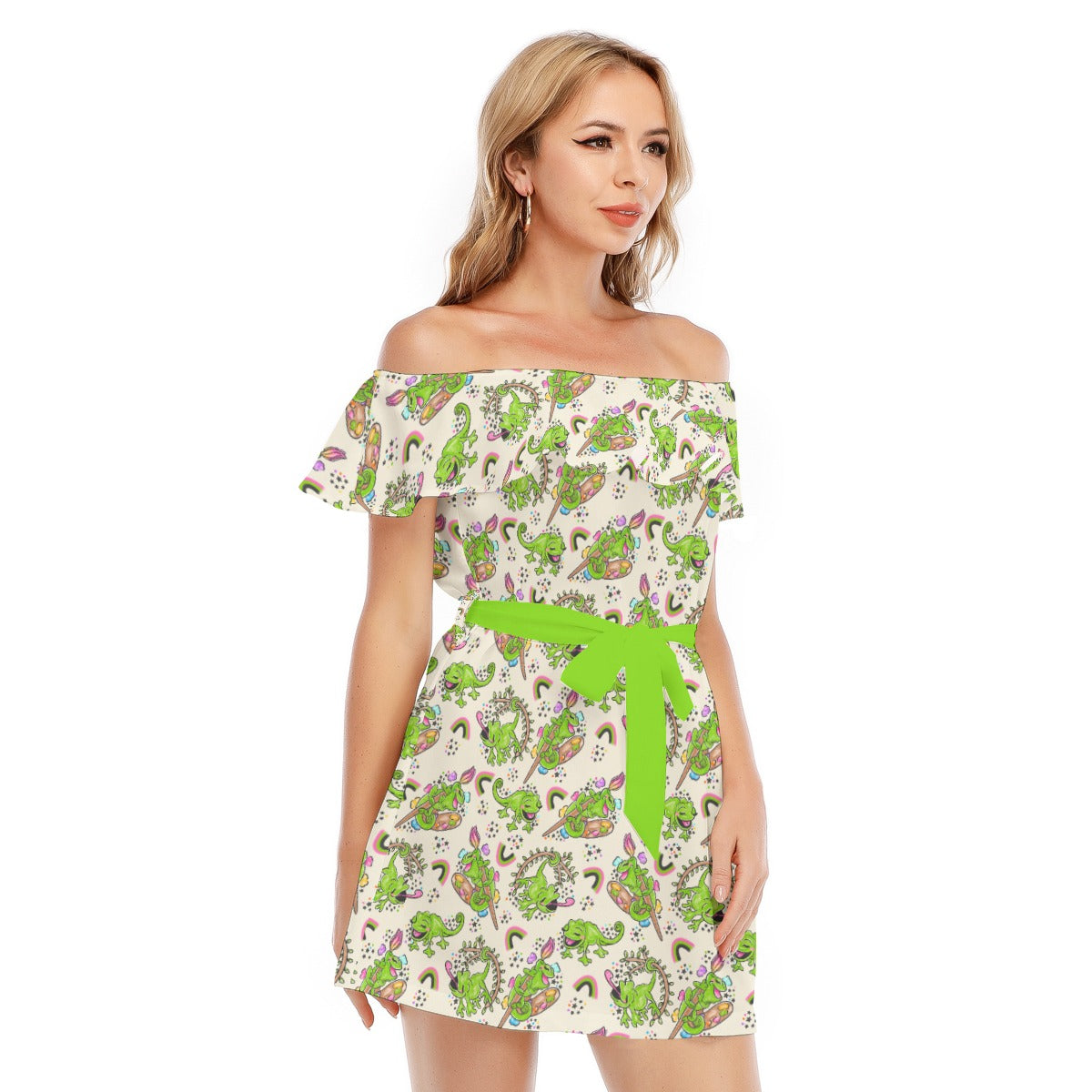Colorful Chameleon Splash - Women's Off-shoulder Ruffle Dress