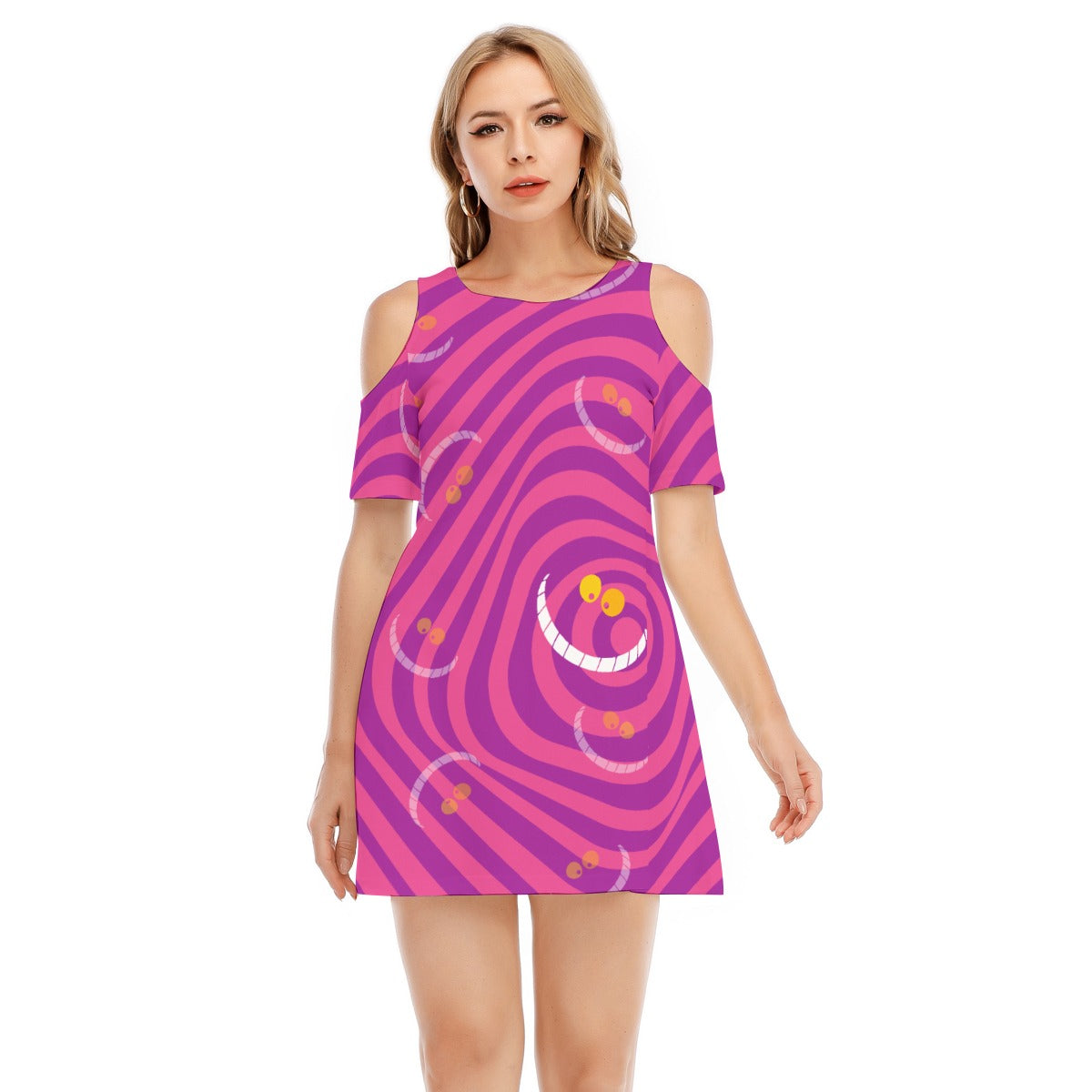 Whimsical Grinning Stripes - Women's Cold Shoulder Cotton Dress