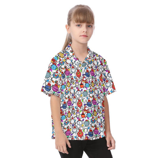 Festive Character Baubles on White - Kid's Hawaiian Button Up Shirt