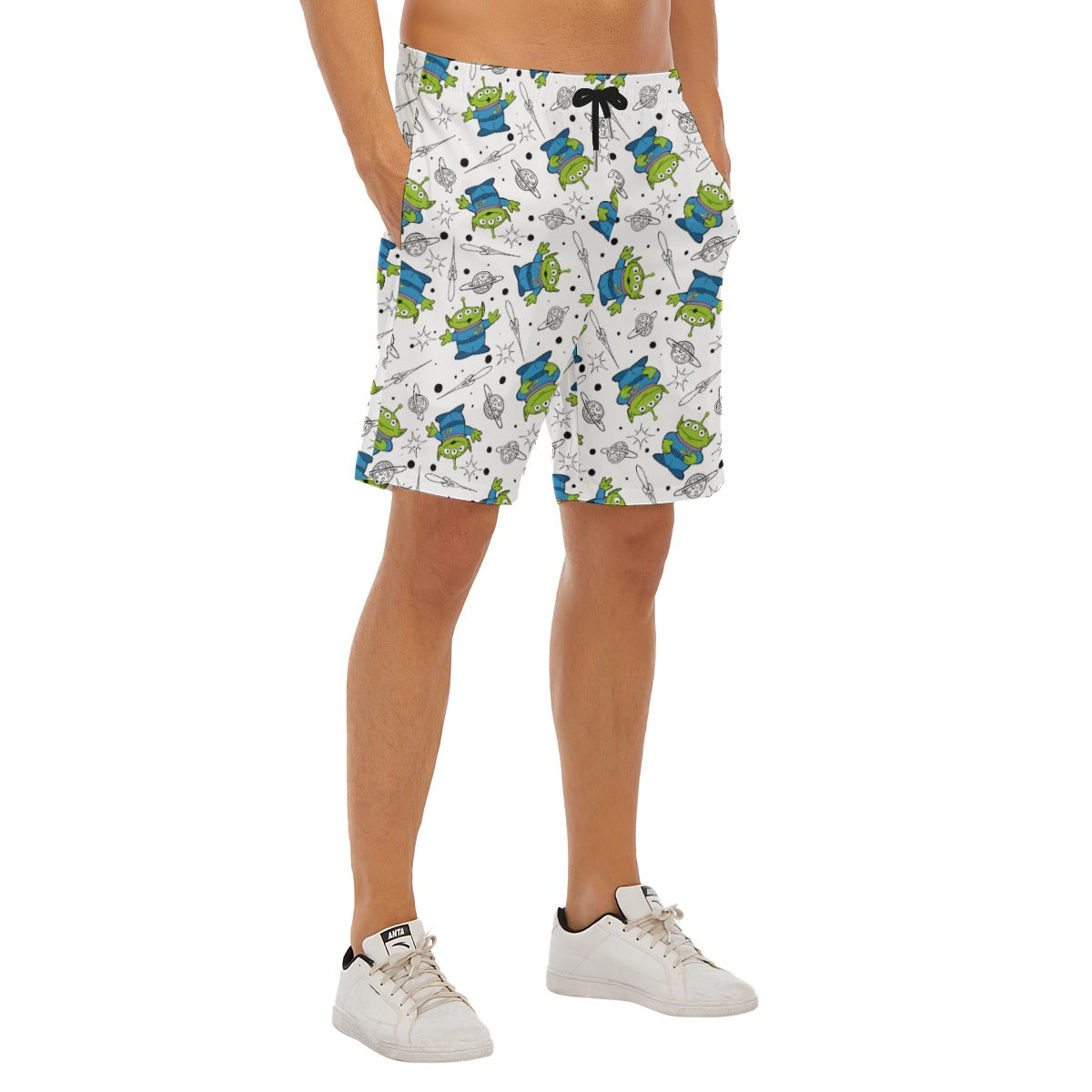 Playful Green Aliens on White - Men’s Pocket Beach Shorts