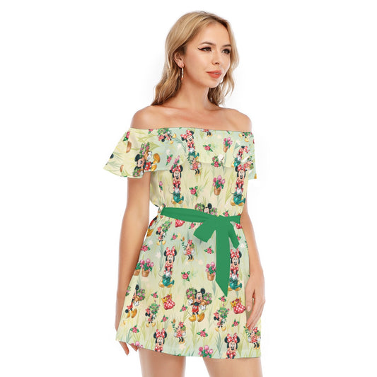 Garden Mouse Helpers at Work - Women's Off-shoulder Ruffle Dress