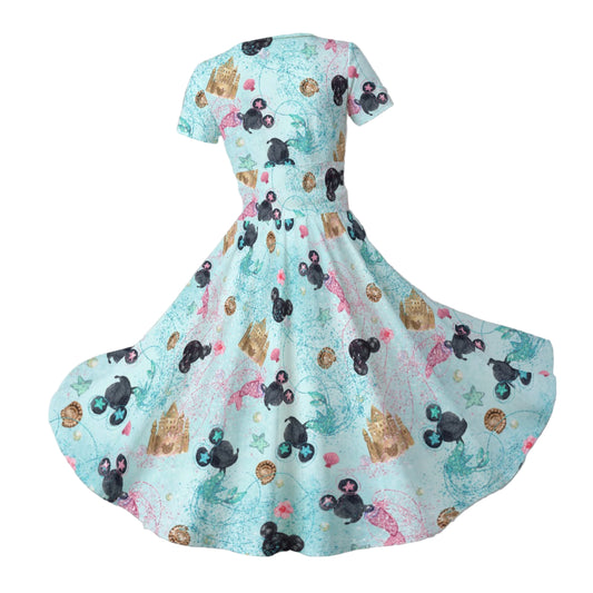 Watercolor Mermaid Mouse Ears - Women's V-Neck Ruched Midi Dress